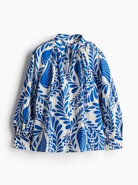 H&M White and Blue Leaf-Print Blouse